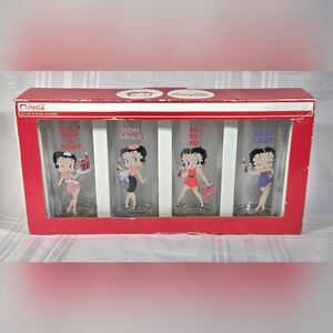 2011 Coca Cola Betty Boop Pink, Red & Black Glass Drinking Tumblers - Set of 4